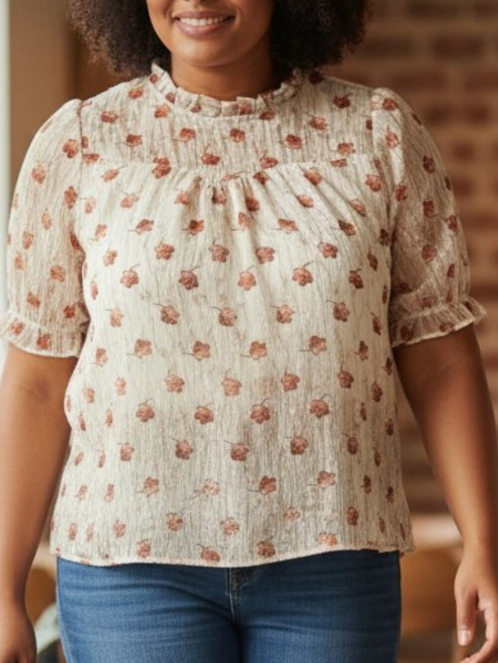 Monteau Los Angeles top Womens Large ruffle short sleeve floral rose cream gold
